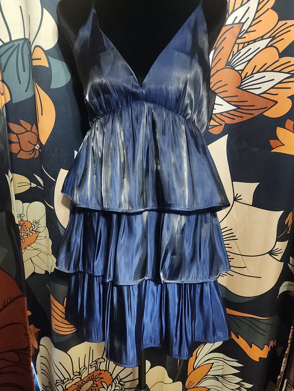 TCEC Navy Satin Tiered V-Neck Mini Dress
